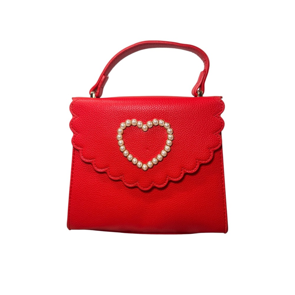 Like Dreams Red Faux Pearl Heart Scalloped Top Handle Crossbody Bag